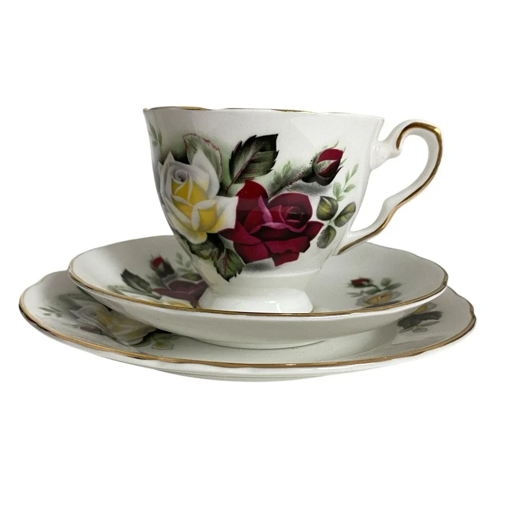 Royal Stafford Roses Tea Cup Saucer Salad Plate Floral Bone‎ China England